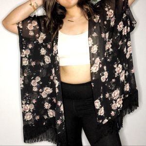 2 for $20 | Black floral fringe kimono